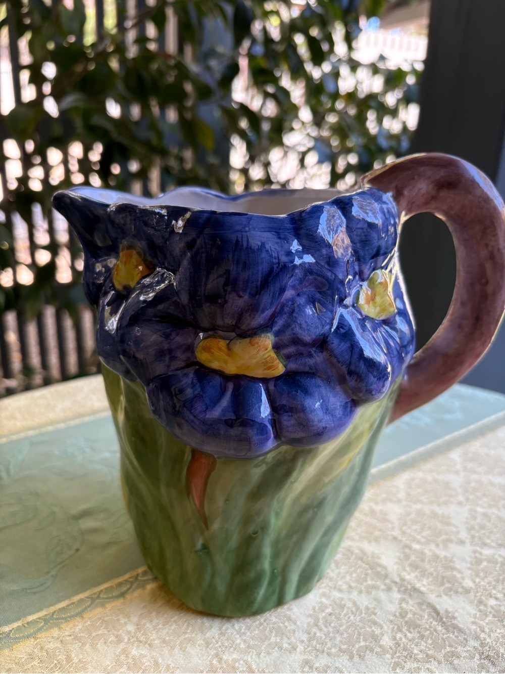 Majolica Vintage Purple Iris Ceramic Handcrafted  Pitcher
